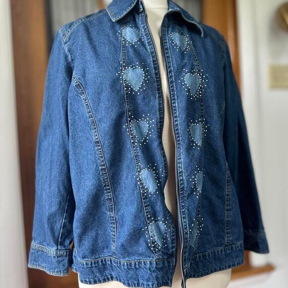 Y2k heart rhinestone denim jacket Size XL - Picture 1 of 4